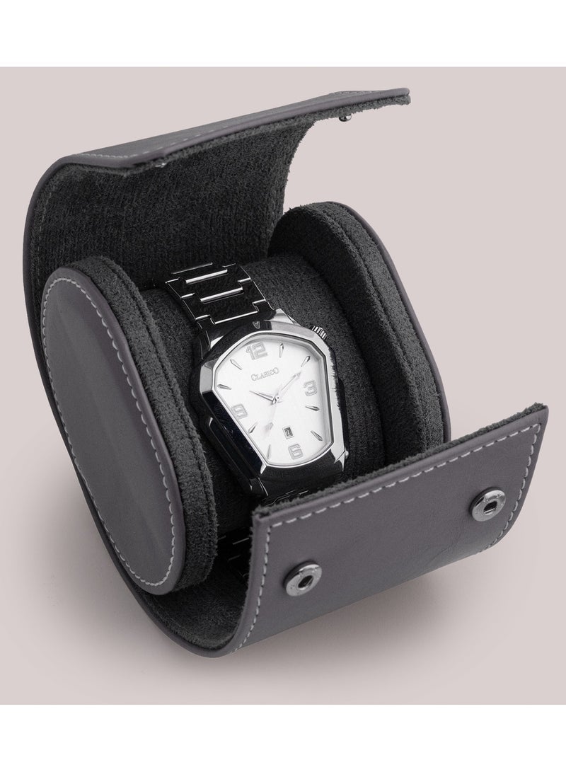 Clasico Luxury Heavy-Duty Leather Single Watch Travel Case Grey – Premium Watch Roll with Suede Interior, Secure Clip Lock & Cushioned Protection for Luxury Watches - Image 3